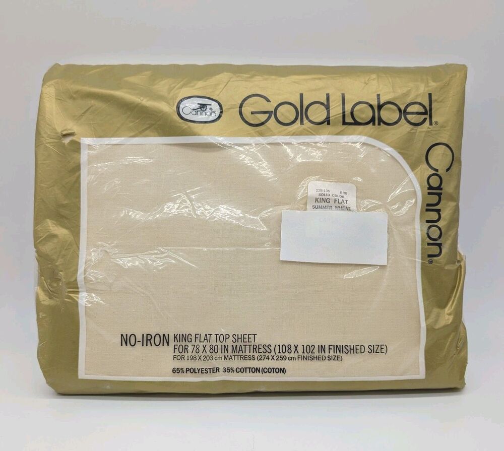 Vtg Cannon Gold Label King Flat Top Sheet No-Iron Wheat Cream Off-White